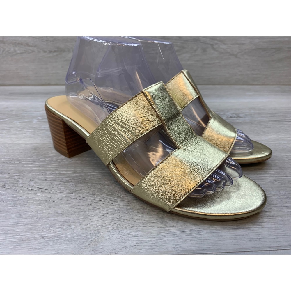 Talbots Tilly Gold Metallic Leather Slide Sandals Block Heel Women's 10 Shoes